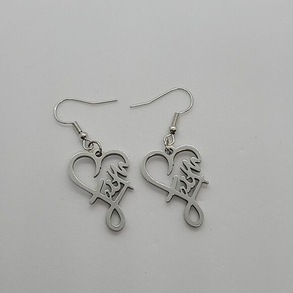 Faith Script Heart Stainless Steel Dangle Earrings Christian Religious Jewelry - Picture 7 of 7
